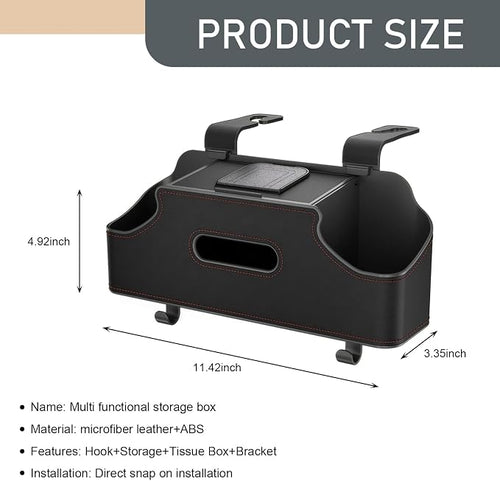 1 PC Car Seat Back Organizer, Car Back Seat Multi-Function Storage Box with 2 Drink Cup Holders, 11.42" x 3.35" Leather Tissue Organizer, Universal for Most Cars, Trucks, SUVs (Black)