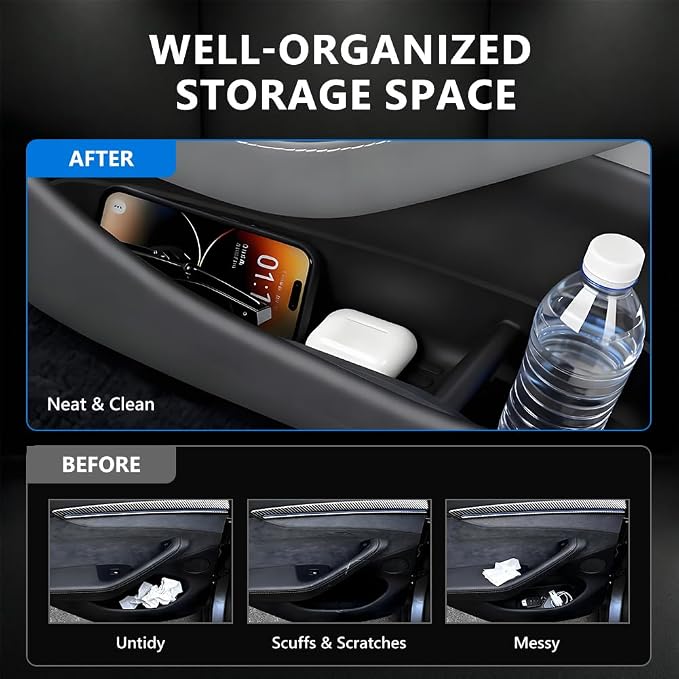 4 PCS Door Side Storage Box Compatible with 2025 2026 TES-la Model Y Juniper, [Durable & Sturdy] TPE Door Side Pocket Organizer Tray, Front & Rear Side Organizer Tray Protector Liner Black