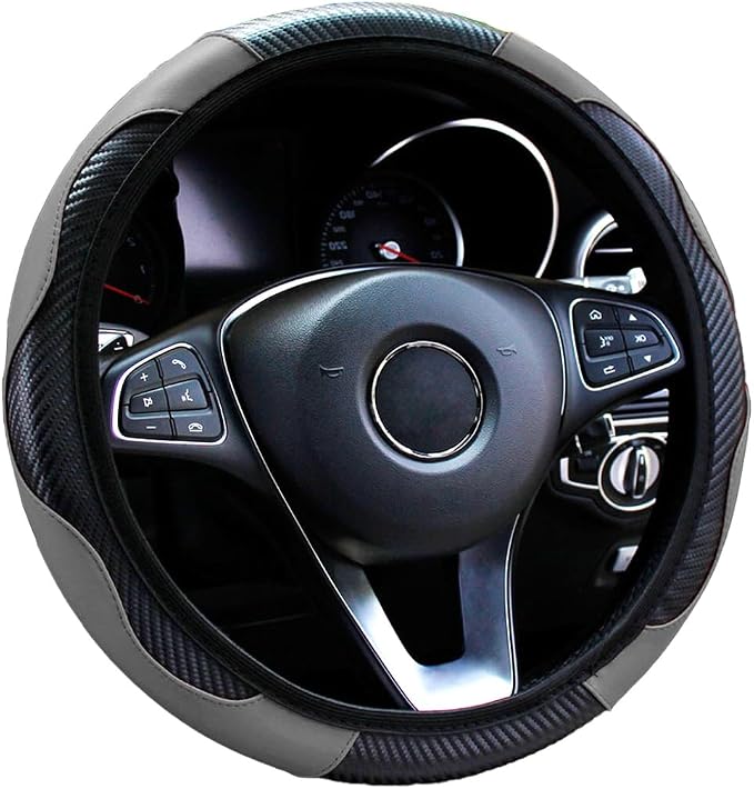Ultra Fine Carbon Fiber Leather Steering Wheel Cover, Anti Slip and Sun Protective Protect The Steering Wheel, Easy to Install,Universal of 14.5"-15" (Grey)