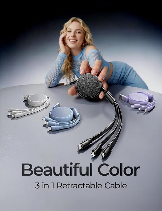 Multi Charging Cable, 3 in 1 Retractable Charging Cable, Retractable Car Charger with Type C/L/Micro USB Ports for iPhone 17 16 15 14 Pro/Samsung Galaxy S25/Kindle, Car Accessories for Women