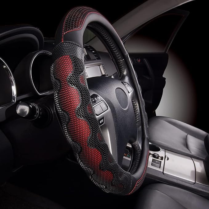car Steering Wheel Cover Faux Leather Massage Universal fit 3D Honeycomb Hole Anti-Slip Sporty 15 Inches (Red with Black)
