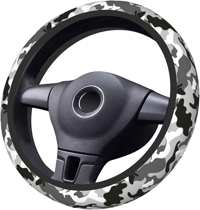 Black Grey White Camo Camouflage Steering Wheel Cover for Women Men Girls Car Accessories Decor Anti-Slip Neoprene Auto Steering Wheel Covers Protector Universal 15 Inch
