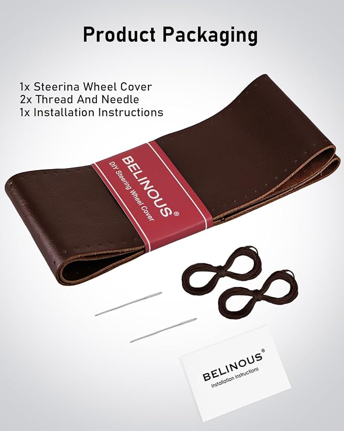 Leather Steering Wheel Cover Lace Up, Stitch on Steering Wheel Wrap, Universal Fit 13-20 Inch Car Truck Pickup Boat, A Whole Piece of Cowhide, DIY w/Needle Thread (Size XXL6, Coffee)