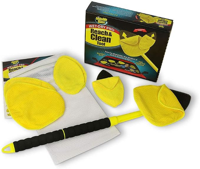 95164 Reach & Clean Wet-Dry Pro Windshield Cleaning Tool With Extendable Handle, Standard and Mini Cleaning Heads, Reusable Microfiber Pads, and Storage Bag for Auto and Home Glass