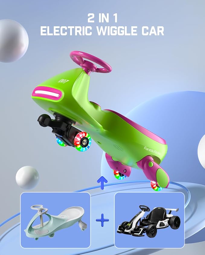 N7 Pro Electric Wiggle Car, Rechargeable Battery, CyberWiggle, 2 in 1 Swing Car, 2 Speeds Max 4 Mph, Anti-Rollover, Flashing Wheels, Bluetooth, Ages 3+, 150 Lbs, Grape Green
