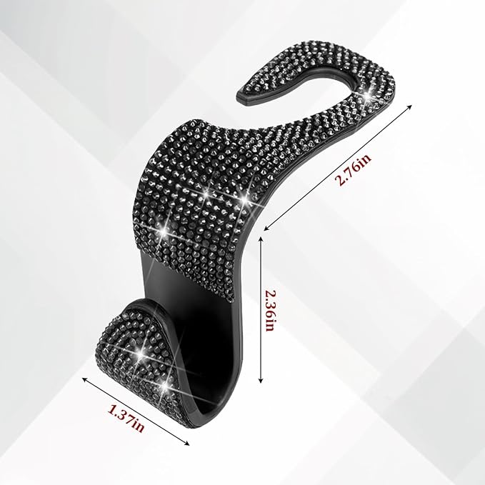 4PCS Bling Car Seat Headrest Hooks, Crystal Rhinestone Vehicle Back Seat Hanger Holder, Auto Interior Headrest Hanging Storage Organizer for Purse Handbag Coat, Universal Fit (Black)
