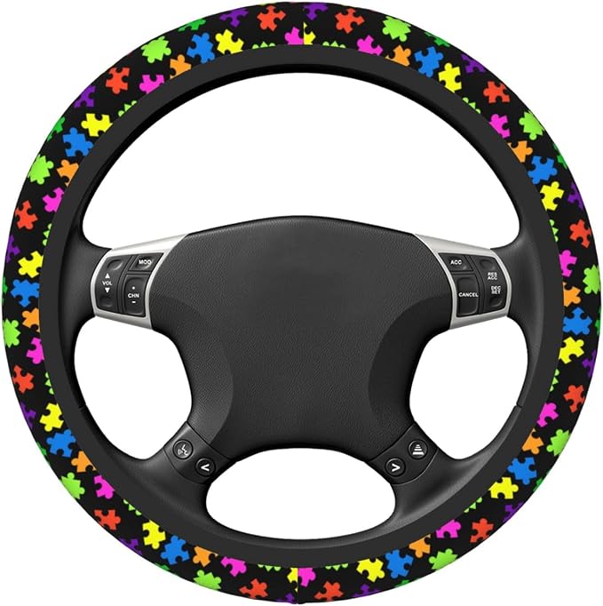 Elastic Puzzle Pieces Neoprene Car Steering Wheel Cover Protector Upgrade Thicken,Autism Awareness Colorful,Anti Slip Soft Car Accessories for Diverse Cars Truck SUV for Men Women Universal 15 Inch