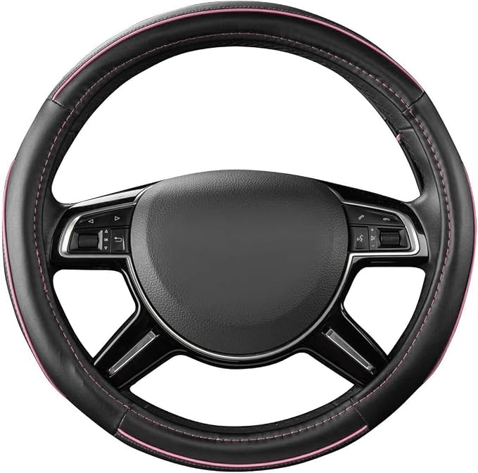 Colour Piping Leather Universal Fit Steering Wheel Cover, Perfectly fit for 14.5-15 inches Suvs, Vans, Trucks, Sedans, Cars (Black&Pink)
