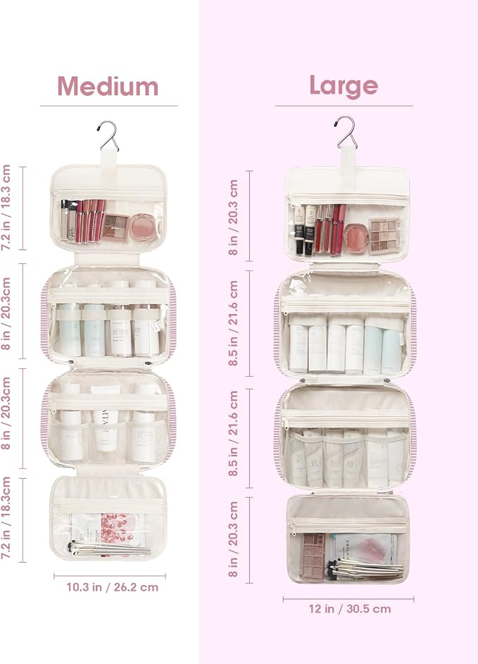 Striped Travel Toiletry Bag for Women Large Hanging Makeup Bag Organizer Toiletries Bag for Full Size Essentials Accessories Cosmetics (Dusty Pink Stripe (Large))