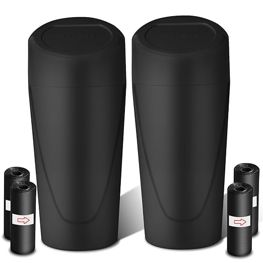 Car Trash Can with Lid-2Pack, Leakproof Garbage Can with 80 Attached Trash Bags, Mini Essential Car Accessories for Interior for Car, Home, Office（Black）