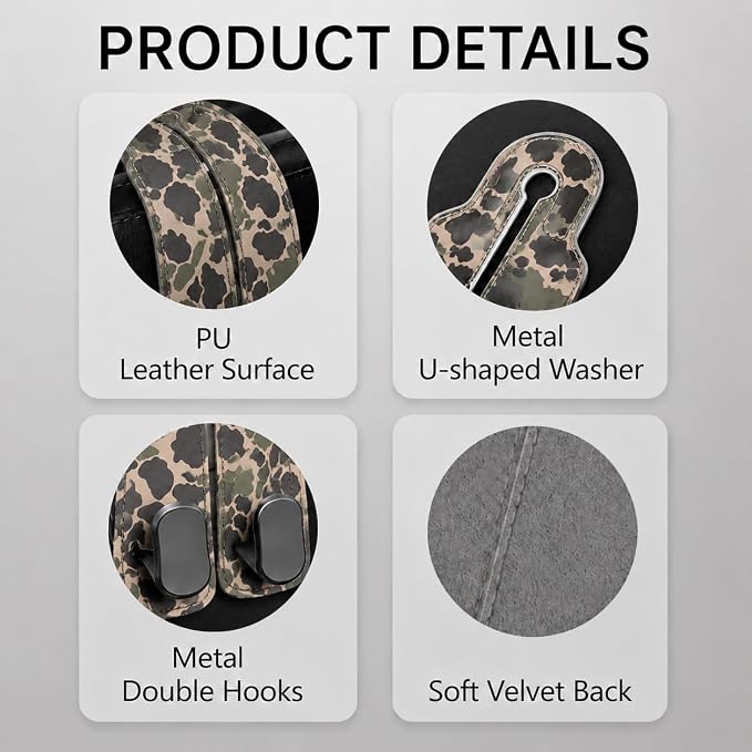 Cute Camo Car Seat Back Storage Headrest Hooks for Purses & Bags – 2PCS PU Leather Dual Metal Hooks, Backseat Organizer Accessories