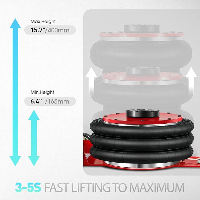 DNA Motoring Air Jack 5 Ton / 11000lbs Triple Bag Airbag Jack with Long Handle, 3-5 s Fast Lifting Pneumatic for Cars,Trucks, Garage, Repair, Lifting up to 15.7", TOOLS-00688