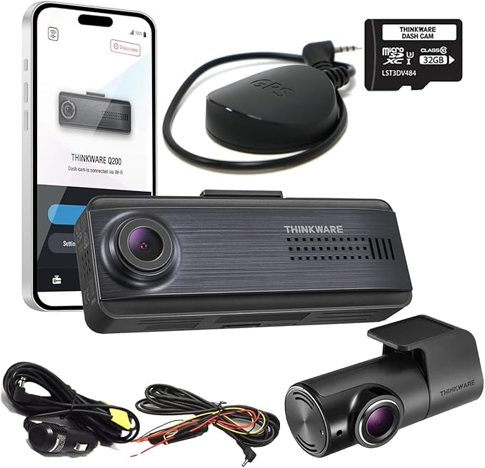 Q200 Dash Cam Front and Rear, WiFi, WDR, Speed Red Light Alerts, ADAS, 256GB Max, Parking Monitor, Night Vision (32GB MicroSD, 12V Cigar, Hardwiring Cable) (2CH Front & Rear)