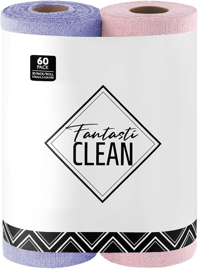 Microfiber Cleaning Cloth Roll -60 Pack, Tear Away Microfiber Towels, 12" x 12", Reusable, Washable, Scratch Free, Ultra Absorbent Dishcloth for All-Around Cleaning (Pink & Lavender)