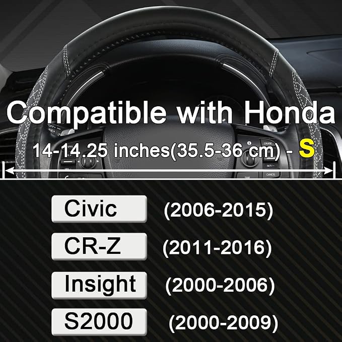 Customized Auto Car Steering Wheel Cover for Honda Civic, CR-Z, Insight, S2000, 14" - 14.25" (Diamond Quilted-Black+Gray-Small Size)