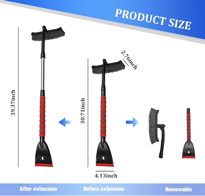 Car Snow Brush and Ice Scraper, 2 in 1 Detachable Aluminum Vehicle Snow Removal Tool with Ergonomic Foam Grip for Windshield, Automotive Ice Shovel Tool Accessories, Universal Fit (Red/Gray)