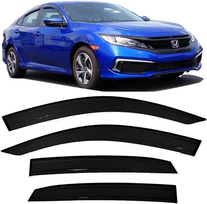 Smoke Tinted Rain Guards Window Visors Compatible with 2016-2021 Honda Civic Sedan | Outside Mount 4Pcs Side Window Wind Deflectors | Durable Acrylic Wind Deflectors