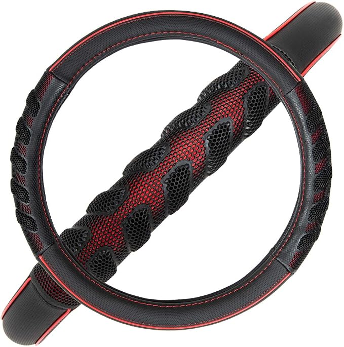 car Steering Wheel Cover Faux Leather Massage Universal fit 3D Honeycomb Hole Anti-Slip Sporty 15 Inches (Red Black)