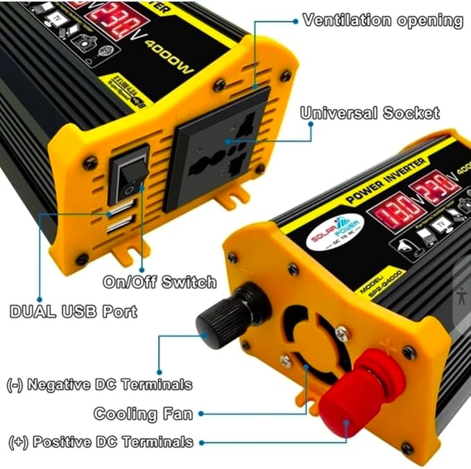 High-Power 4000W DC to AC Power Inverter – 12V to 110V/220V Converter with Dual USB Ports, Universal AC Outlet, LED Display for Cars, Trucks, RVs, and Home Backup (Yellow, 220V)