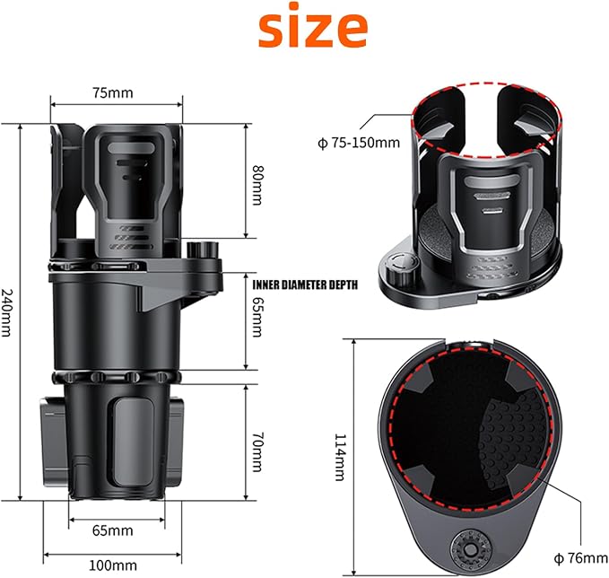 2-in-1 Adjustable Car Cup Holder Expander & Organizer – Dual Automotive Drink Holder for Bottles, Snacks, Phones – Fits Most Vehicles (3.0"-5.9" Diameter, 20 oz Capacity, Non-Slip Base) Black