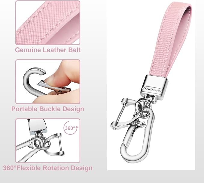 Genuine Leather Car Keychain,Universal Heavy Duty Metal Key Chain Accessories,Car Fob Key Keychain Holder with 360 Degree Rotatable Snap Swivel and Anti-Lost D-Ring for Men Women(Light Pink)