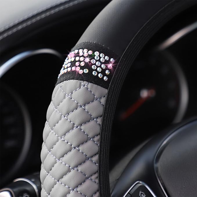 Bling Car Steering Wheel Cover, 15 Inch Rhinestones Soft Leather Elastic Steering Wheel Protector, Sparkly Crystal Diamond for Women Girls (Gray)