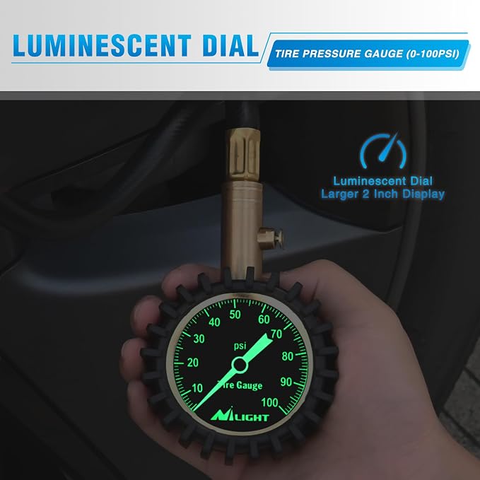 Tire Pressure Gauge 100PSI Heavy Duty Large 2" Glow Dial ANSI B40.1 Certified Air Chucks Accurate Reading with Extended Hose for Truck Semi Truck ATV Motorhome Cars & RV Accessories