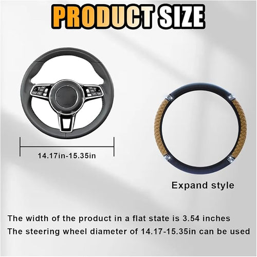 15 Inch Bling Soft Leather Car Steering Wheel Cover, Beige | Colorful Rhinestones Design, Auto Elastic Protector for Women Girls, Crystal Diamond Car Accessories for Most Cars, SUVs