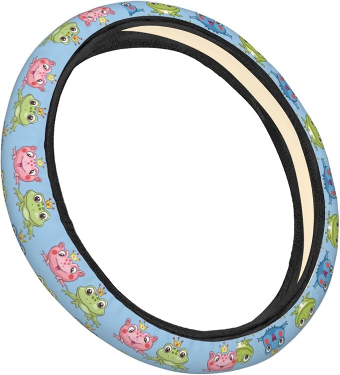 Cartoon Cute Frog with Crown Steering Wheel Covers Anti-Slip Elasticity Car Accessories Steering Wheel Protector Universal 15 Inch for Cars SUV Vehicle Truck