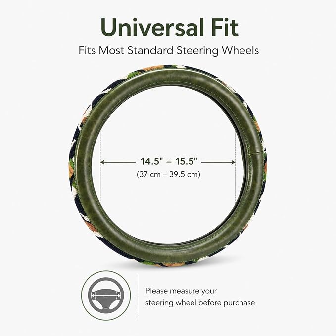 Universal 15inch Ethnic Style Baja Blanket Steering Wheel Cover with Coarse Flax Cloth and Sweat Absorption Anti Slip Car Wrap (Boho Green Leather 2)