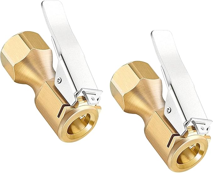 Heavy Duty Brass Air Chuck, Open Flow Straight Tire Chuck with Lock-on Clip, 1/4" FNPT Tyre Chuck for Tire Inflator Pressure Gauge Air Pump Compressor Accessories (Brass, 2 Pack)