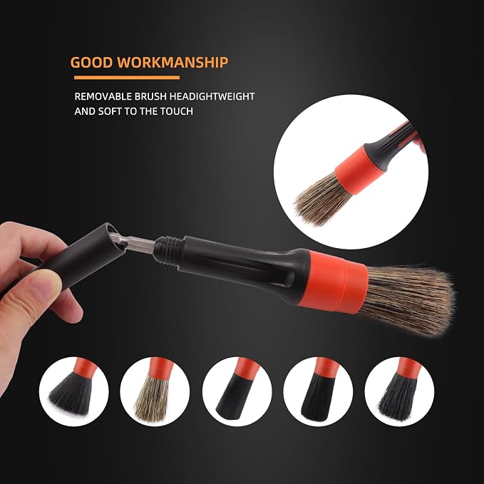Car Drill Brush, Drill Brush Attachment 5Pcs Detachable Car Care Detailing Brush Set Soft No Scratch Boar Hair Detail Brush Car Care Detail Brush for Air Vent Automotive Interior Exterior -DF075