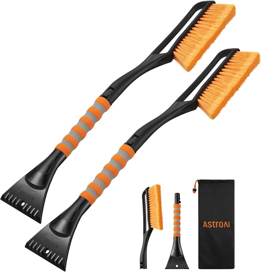 2 Pack 27" Snow Brush and Ice Scrapers for Car Windshield, Detachable Snow Scrapers with Ergonomic Foam Grip for Cars, Trucks, SUVs (Heavy Duty ABS, PVC Brush, Orange)
