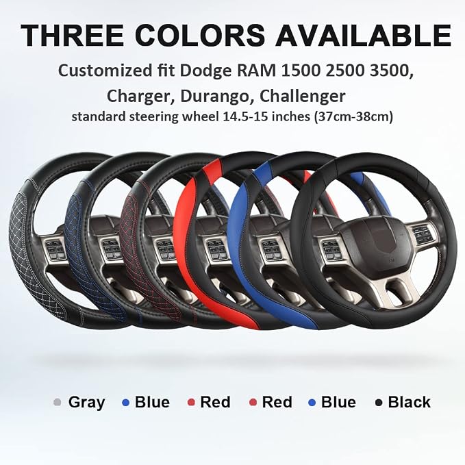 Customized Auto Car Steering Wheel Cover for Dodge 1989-2011 RAM 1500 2500 3500, Charger, Durango, Challenger (Diamond Quilted-Black+Red-Standard Size)