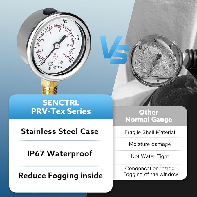 200 Psi Pressure Gauge, 2" Dial Size, 1/4 NPT Lower Mount, Waterproof, Stainless Steel Case, for Water Filter Pneumatic Regulator Air Compressor Tire Pressure Test