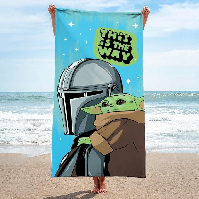 Kids Beach Towel - 100% Cotton Super Soft Absorbent Bath Towel, 28" x 58" Inch Lightweight for Travel, Official Licensed Product, Blue - Star Wars Mandalorian
