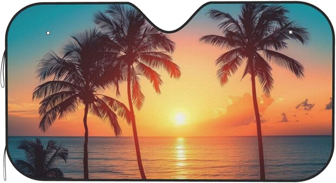 Windshield Sun Shade Beach Palm Tree Sunrise Car Front Window Sunshade Cover for Truck SUV Blocks UV Rays Automotive Visor Interior Protector 55 x 30 inch