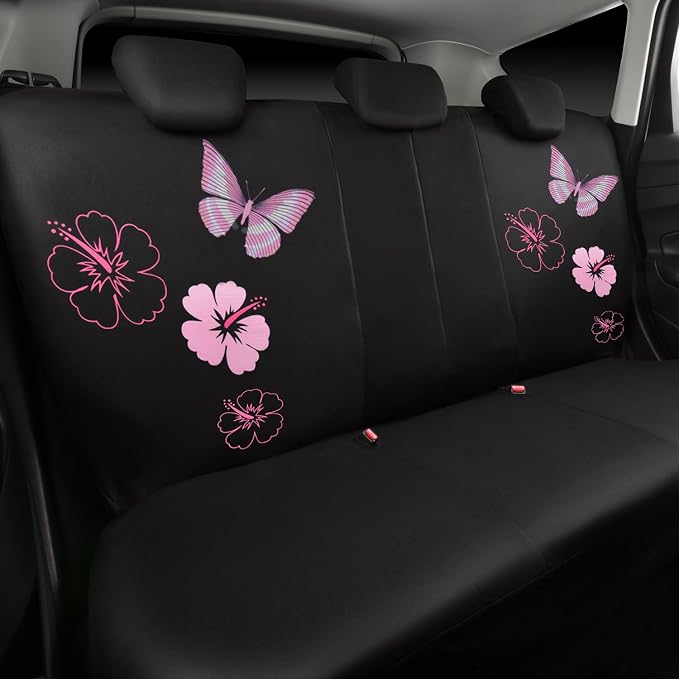 Universal Cloth Butterfly Car Seat Covers Full Set, Embroidered Flower Waterproof Car Floor Mats Carpet, Butterflies Steering Wheel Cover for Car Accessories Interior Sets (Black and Pink)