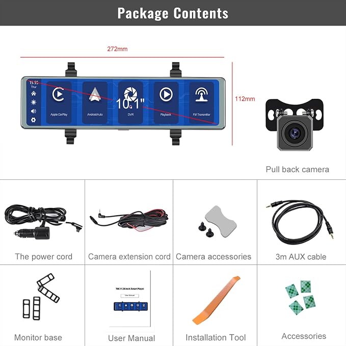 Mirror Dash Cam with Wireless Apple Carplay&Android Auto,11.26" Voice Control Rear View Mirror 1080P Front and Rear View Dual Cameras,FM Transmitter,Night Vision,Parking Assistance, WDR,Loop Recording