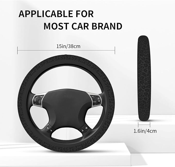 Leopard Grey Animal Leather Steering Wheel Cover Car Accessories Cute for Women Girls Girly Universal 15 Inch Neoprene Auto Interior Decor Anti Slip Car Truck Protector