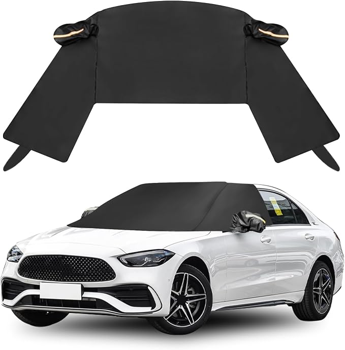 Windshield Window Snow Cover with 2 Hooks and 2 Mirror Covers Ice and Snow Front Window Sunshade Cover Fit for SUVs, Trucks, Cars (Black-Sedans)