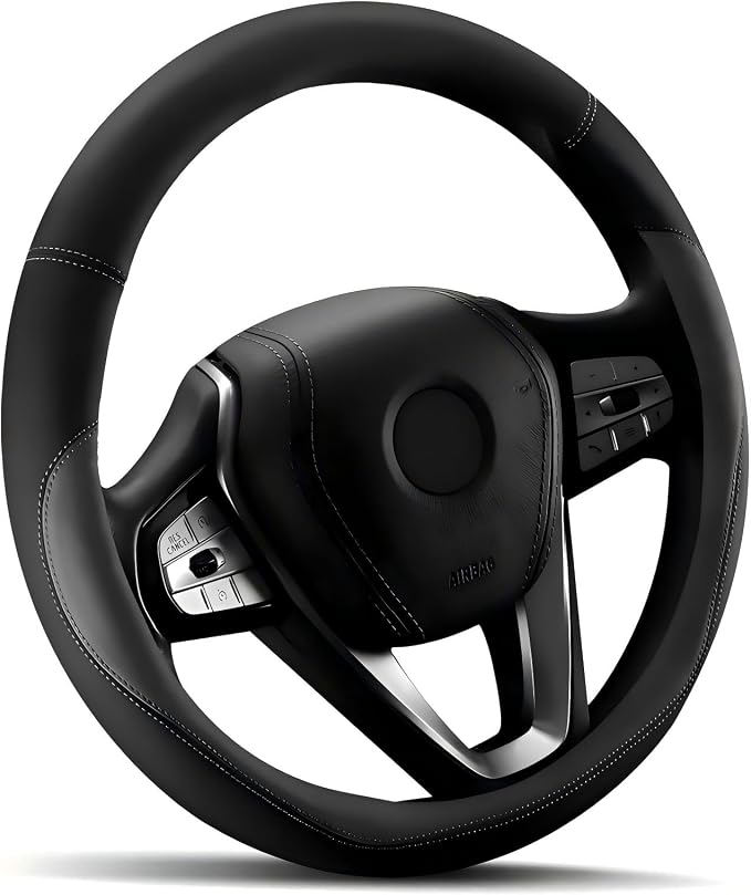 Car Steering Wheel Cover - Universal Car Accessory for Diverse Cars, Leather Cover with Anti-Slip Lining, for Steering Wheel with a Diameter of 15.5"-16", Gray