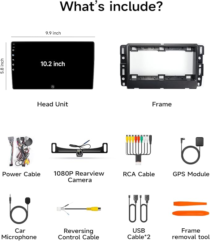 Car Radio Stereo for Chevy Silverado GMC Sierra 07-13, CarPlay Android Auto | 10.2-inch IPS HD touchscreen, 64G storage, 5G WiFi GPS, Bluetooth FM AM SWC, plug-and-play, 1080P backup camera