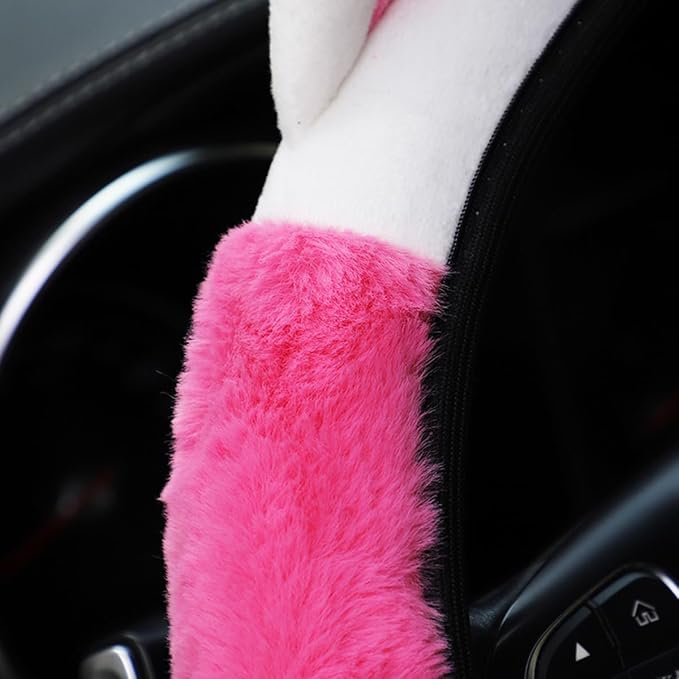 Car Steering Wheel Cover, Fluffy Soft Plush for Winter Warm, Cute Steering Wheel Protector with Kitty Cat Ears, Universal 15 Inch, Elastic & Anti-Slip, Lovely Decor Car Accessories (Rose Red)