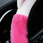 Car Steering Wheel Cover, Fluffy Soft Plush for Winter Warm, Cute Steering Wheel Protector with Kitty Cat Ears, Universal 15 Inch, Elastic & Anti-Slip, Lovely Decor Car Accessories (Rose Red)