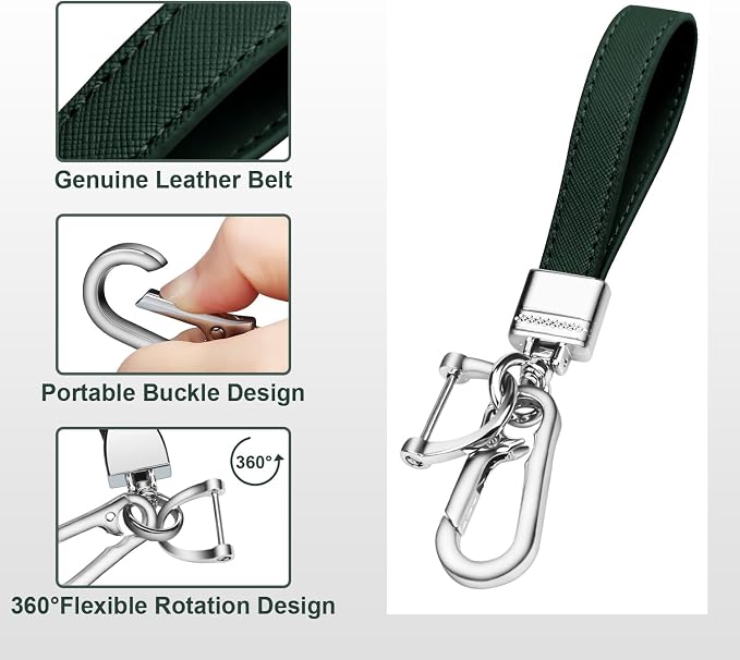 Genuine Leather Car Keychain,Universal Heavy Duty Metal Key Chain Accessories,Car Fob Key Keychain Holder with 360 Degree Rotatable Snap Swivel and Anti-Lost D-Ring for Men Women(Dark Green)