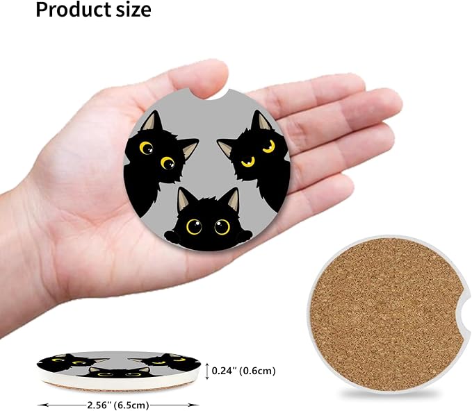 Cute Black Cats Ceramic Cup Holders Car Coasters Set for Women/Men,Drink Cup Car Holder Coasters with A Finger Notch 2.56" Pack of 2.