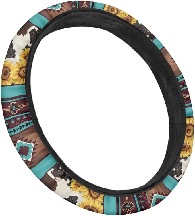 Aztec Sunflower Cow Print Blue 15 Inches Car Steering Wheel Covers Universal Auto Accessories Car Interior Decoration for Women Men
