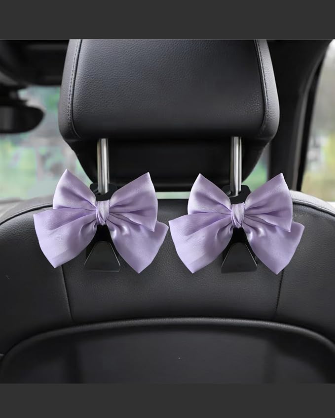 2 Pack Car Purse Holder for Handbags and Bags, Headrest Back Seat Hooks for Cars, Car Bag Hanger for Groceries, Coats, Umbrellas and Daily Essentials, Bow-Shaped Car Interior Organizer (Taro purple)