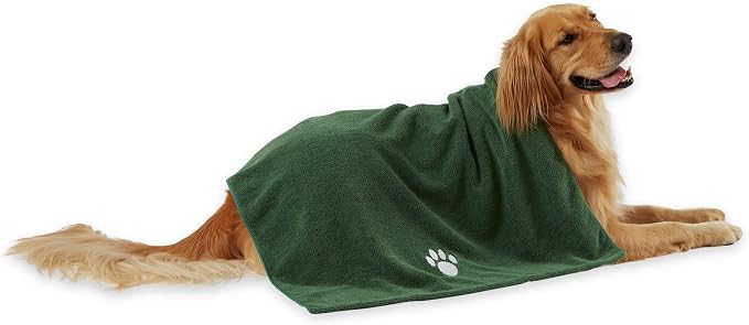 Pet Grooming Towel Collection Absorbent Microfiber X-Large, 41x23.5", Embroidered Hunter Green